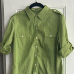 Banana Republic Green Roll Sleeve Button Down, Green, Petite L